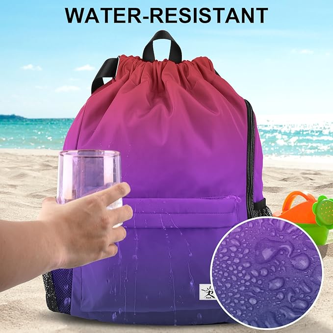 Drawstring Backpack with Mesh Pockets String Gym Bag Sackpack Sandproof Water Resistant Beach Backpack for Men Women