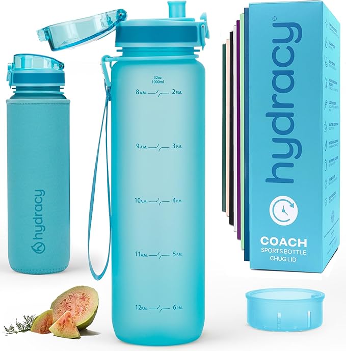 Hydracy Water Bottle with Time Marker -Large BPA Free Water Bottle & No Sweat Sleeve -Leak Proof Gym Bottle with Fruit Infuser Strainer & Times to Drink -Ideal for Fitness Sports & Outdoors