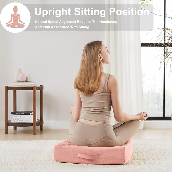 2 Pcs High Density Foam Floor Pillow - Upgraded Large Pillows Seating for Adults - Outdoor Floor Cushion with Soft Tufted Cover - Yoga Pillows for Sitting On Floor - 22 Inch Pink