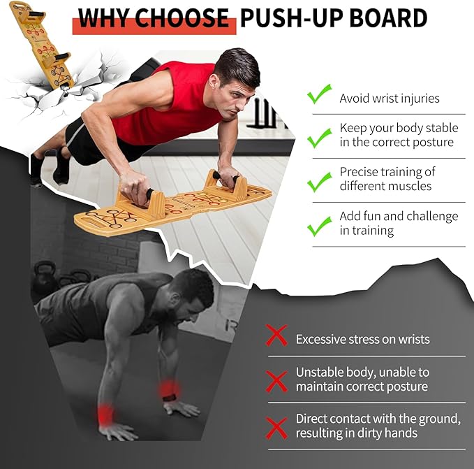 Wooden Portable Push up board, foldable fitness strength training pushup stand with solid bar grips, 2 handles for floor, professional push up training equipment for man and women