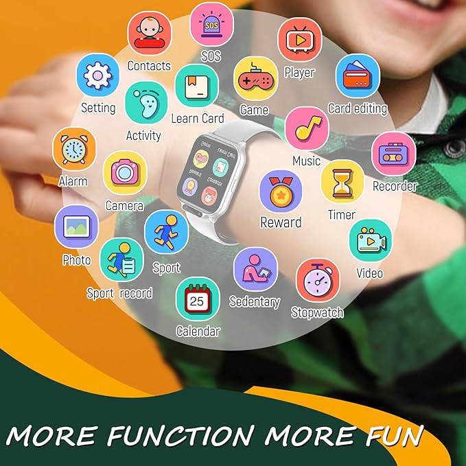 Smart Watch for Kids, 1.85" Fitness Tracker with Heart Rate, Sleep Monitor, IP68 Waterproof Smartwatches with Video Music, Pedometer, Game, NO APP/Phone, Gift for Boys Girls. (Built-in AI, Silver)
