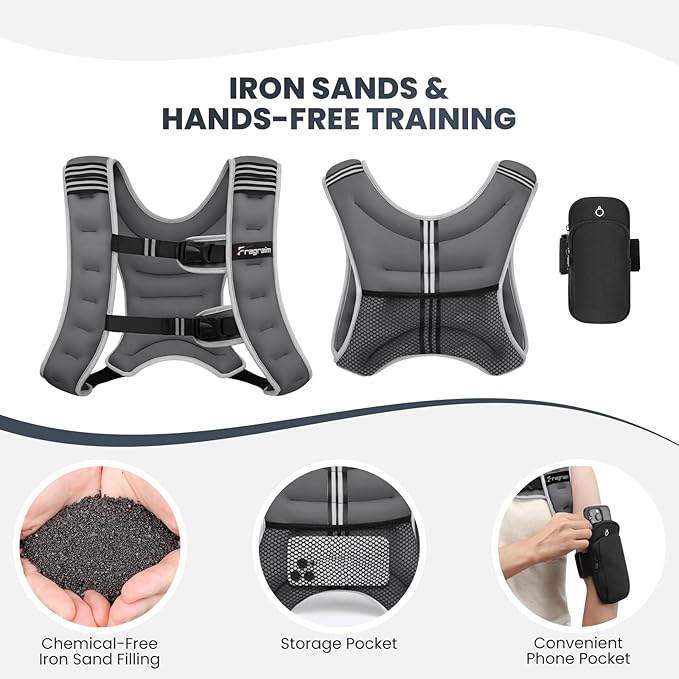 Fragraim Weighted Vest for Women Men - 8lb/10lb/12lb/16lb/22lb/25lb/30lb Weight Vest with Reflective Stripe, Detachable Phone Pouch, Ideal for Walking, Strength Training, Running, Workout, Cardio