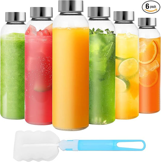 Set of 6 Clear Glass Water Bottles with Lid 18oz for Juicing Reusable Bottle Glass Cup with Stainless Steel for Juicing, for Halloween Refrigerator 100% Leak Proof Drinking Jar, BPA Free