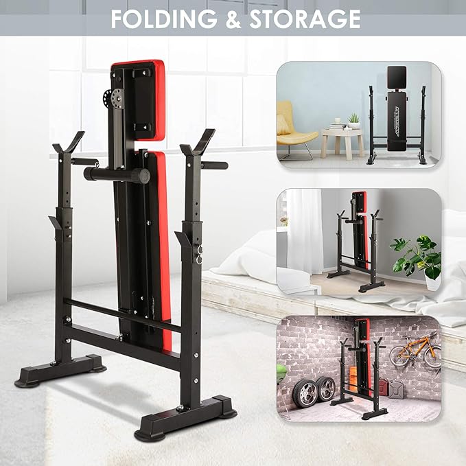 OPPSDECOR 8-in-1 Foldable Weight Bench Set with Squat Rack, Adjustable Bench Press Home Gym System for Full-Body Workout, Flat Incline Decline Sit Up Bench with Removable Foot Catch & Elastic Ropes