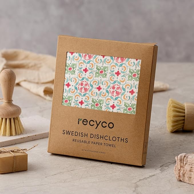 RECYCO Swedish Dishcloths for Kitchen | 6 Pack Boho Mosaic Bliss Washable Dish Rags | Cellulose Reusable Cleaning Paper Towels | Absorbent Counter Dish Cloth Sponge Kitchen Wipes, 8" L x 7" W