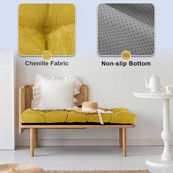 Bench Cushion 48 Inch - Chenille Fabric, High-Density Foam, Non-Slip Bottom, Soft Durable Indoor Tufted Long Seat Cushion for Window Garden Furniture (Yellow, 48x16x4 Inch)
