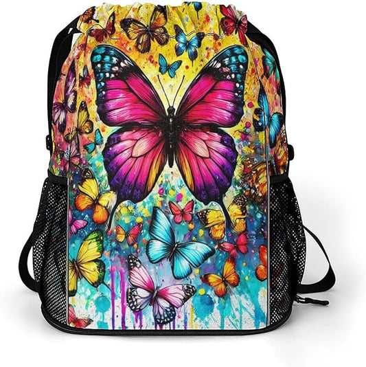 Butterfly Drawstring Backpack - Cute Cinch Sack, String Backpacks with Pocket for Kids Boys Girls Women Men for Gym Outdoor Sports Travel Athletic Drawstring Bag - Lightweight/Foldable