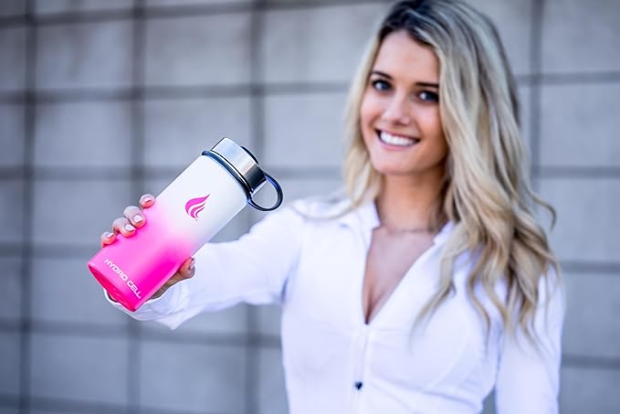 HYDRO CELL Stainless Steel Insulated Water Bottle with Straw - For Cold & Hot Drinks - Metal Vacuum Flask with Screw Cap and Modern Leakproof Sport Thermos for Adults (White/Pink 18oz)