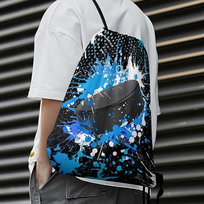 Hockey Drawstring Backpack - Cool Cinch Sack, String Backpacks for Kids Women Men Boys Girls for Gym Outdoor Sports Travel Athletic Drawstring Bag - Lightweight/Foldable