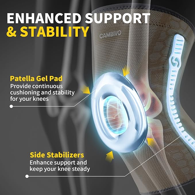 CAMBIVO 2 Pack Knee Brace for Men and Women, Knee Sleeves for Men with Patella Gel Pad and Side Stabilizers, Knee Compression Sleeves for Knee Pain Relief, Running, Workout, Daily Use