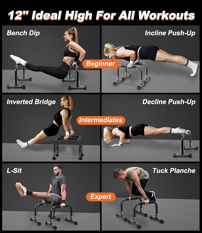 TABEKE Push Up Bar, 12" High Parallettes Bars & Dip Bar With Full-Cover Foam Handles, No Wobbling Calisthenics Equipment For Handstand, L-Sit, Gymnastics, Strength Training Home Gym