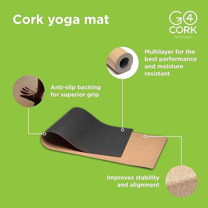 Go4Cork Yoga Non-Slip Essential Cork Yoga Mat - 25.59" x 4.72" | 4.72" Thick, Large & Eco Yoga Mat | Lightweight & Compact Home Gym Fitness, Pilates Exercise & Stretching Accessories | Natural/Black