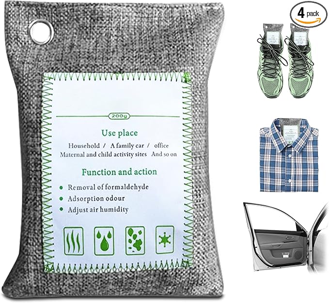 4 Pack charcoal odor absorber,Bamboo Charcoals Air Purifying Bag Charcoals Deodorizer Eliminator for Strong Odors in Car, Closet, Shoe, Basement (200G*4 Pack Gray-3, Unscented)