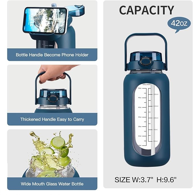 42oz Glass Water Bolttles with Straw Half Gallon Large Motivational Water Bottle with Time Marker Sports Water Bottles with Silicone Sleeve and Handle Lid Water Jug for Gym Workout