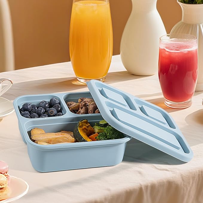 4Piece Silicone Snack Container with Lids, 3 Compartment Snack Container, is Perfect for Lunch Salads, Snack Boxes, and Ideal for Travel, Office, and Picnics.（Lightweight Stackable ）