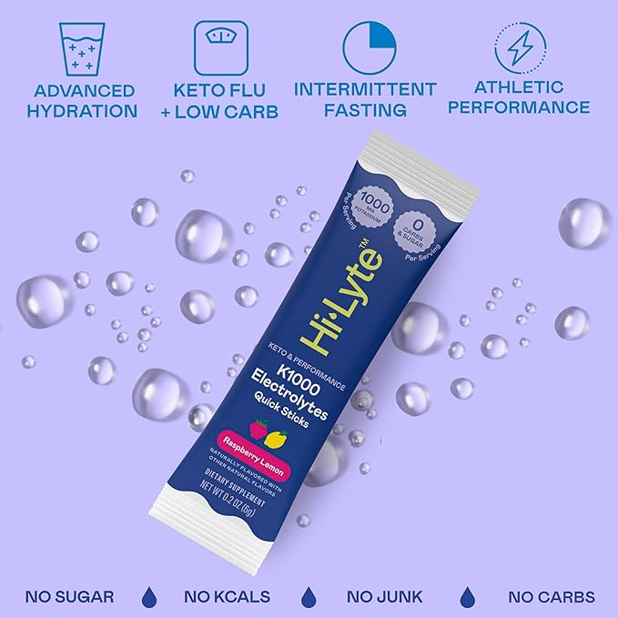 Hi-Lyte K1000 Electrolytes Sticks Raspberry Lemon Keto & Performance, 30 Servings - 1000mg Potassium + Magnesium, Sodium, Trace Minerals - 0 Carbs, 0 Sugar