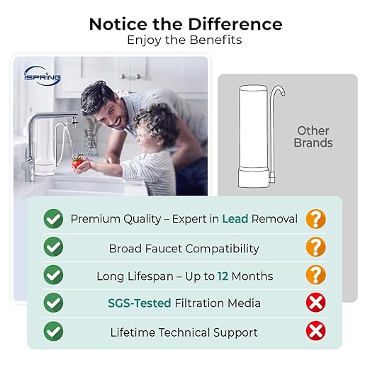 iSpring CKC1-PB 2.5" x 10" Countertop Water Filter, SGS-Tested, Reduces Lead, Chlorine, Odors. THMs, 7000 Gallons, Up to 12 Months, Easy Installation, White (1 Filter Included)