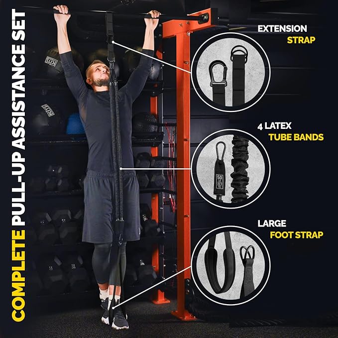 Pull Up Assistance Bands Set - 4 Heavy-Duty Pull Up Bands, Height Adjustable Strap & Comfortable Foot Strap - Stackable Pull Up Resistance Bands for Pull Ups