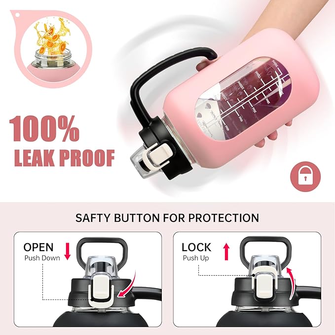 64 oz Glass Water Bottle with Straw and Handle Half Gallon Water Jug with Silicone Sleeve Large Water Bottle for Office, Gym, Outdoor Sports