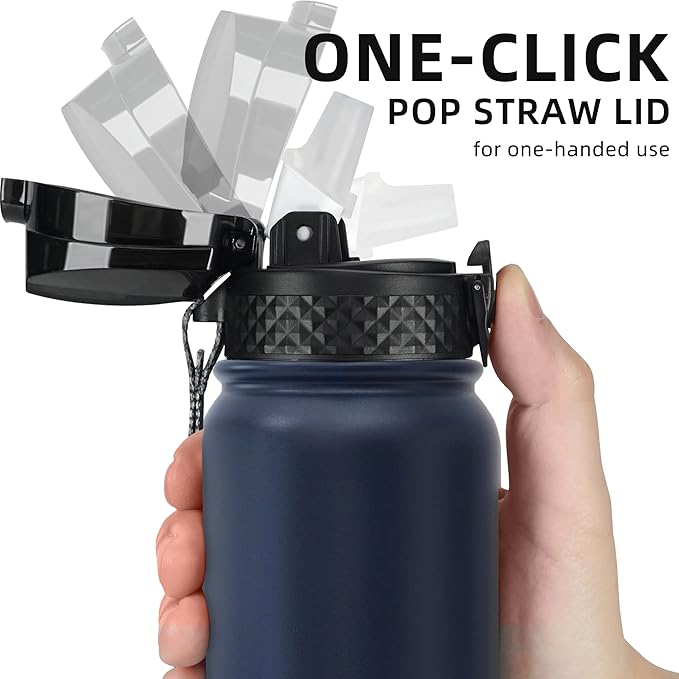 Fanhaw 20 Oz Stainless Steel Insulated Sports Water Bottles with Straw for Kids, Men and Women (Navy Blue)