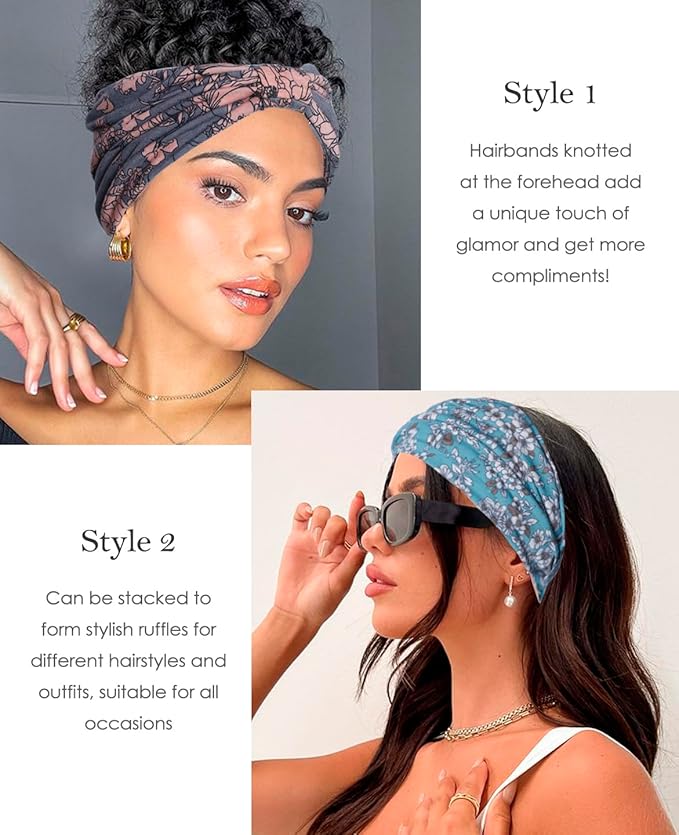 Artilady Boho Headbands for Women-Extra Wide Headband Non Slip Floral Print Head Wrap for Black Women's Hair Soft Elastic Yoga Workout Exercise Bohemian Hair Accessories 6 PCS