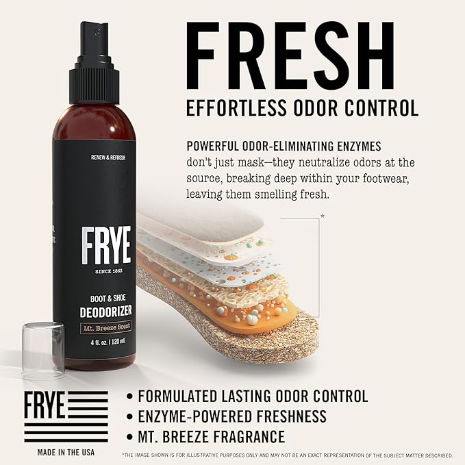 FRYE Boot & Shoe Deodorizer Spray - Powerful Enzyme Formula Spray for Shoe Odor Elimination in All Footwear (Mt. Breeze)
