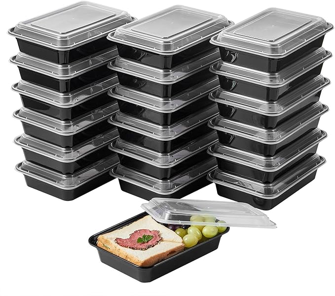 50 Pack Meal Prep Plastic Food Storage Containers With Lids 28 oz 1 Compartment Black Rectangular To Go Lunch Prepping Boxes BPA-Free Microwavable Freezer Safe Stackable (Formerly FULING)
