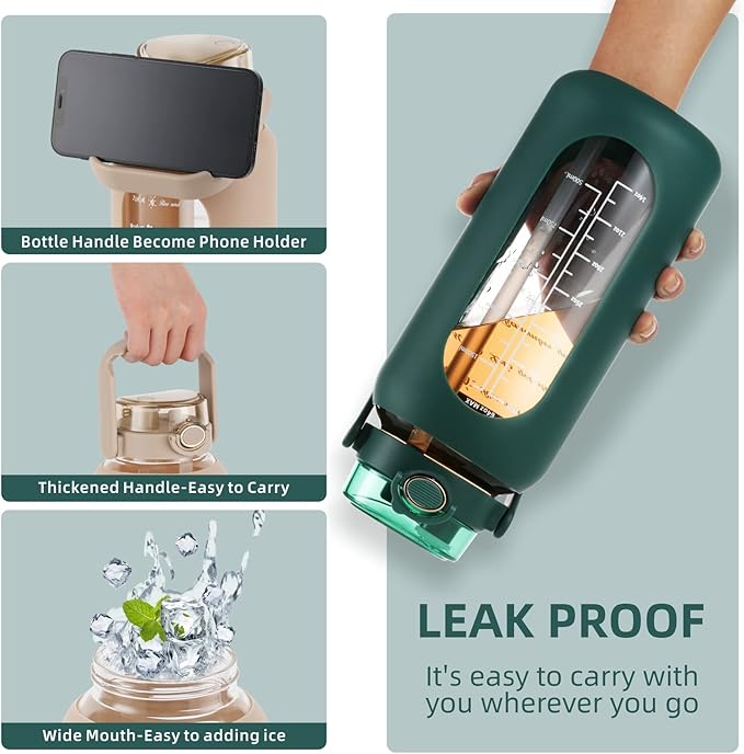 SIEROZUR 74oz Glass Water Bottle with Straw and Lid Large Gallon Water Jug with Silicone Sleeve and Handle 2.2 liter Wide Mouth Bottle with Time Marker for Gym Sports& Workout