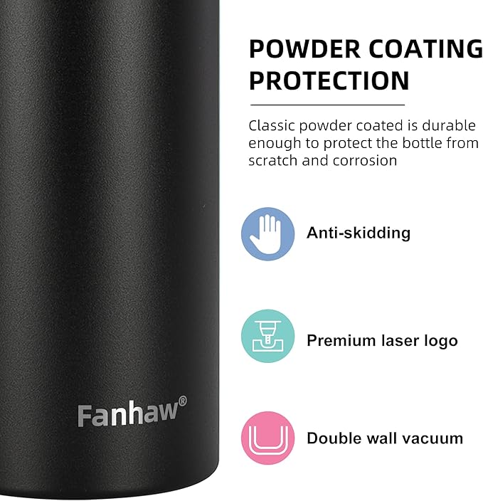 Fanhaw 24 Oz Stainless Steel Insulated Sports Water Bottles with Straw for Kids, Men and Women (Black)