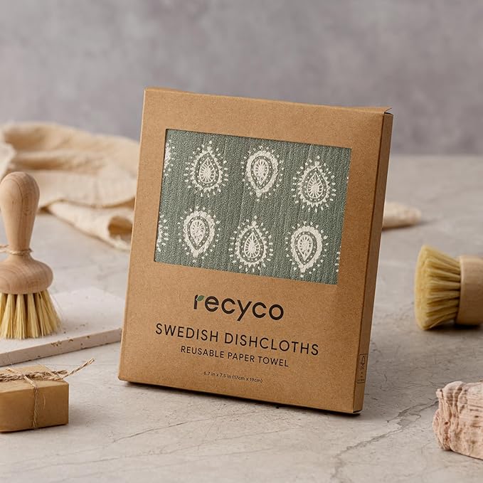 RECYCO Swedish Dishcloths for Kitchen | 5 Pack Gem Washable Dish Rags | Cellulose Reusable Cleaning Paper Towels | Absorbent Counter Dish Cloth Sponge Kitchen Wipes, 8" L x 7" W