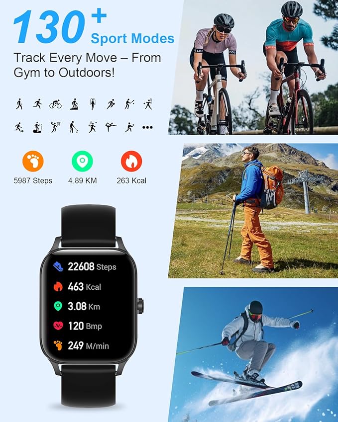 Smart Watch for Men Women, 1.85"HD Fitness Tracker (Answer/Make Call/Messages),130+ Sport Modes with 24/7 Heart Rate/Sleep Monitor/Pedometer, IP68 Waterproof, Smartwatche for Android&iOS (Black)