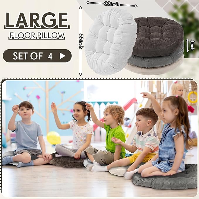 Jerify Floor Pillow Cushions 22 x 22 Inch Round Square Large Meditation Floor Pillow for Classroom Adult Meditation Picnic Party Cushion for Seating Gift Christmas(Round,Graded Grey,4 Pcs)