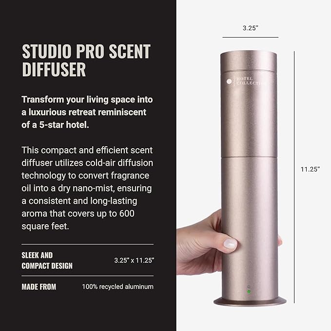 Hotel Collection Studio Pro Essential Oil Diffuser - 600 sq ft Coverage, Wired & Portable with Remote - Cold-Air Diffusion - Works with Pro Pod Bottles - Champagne