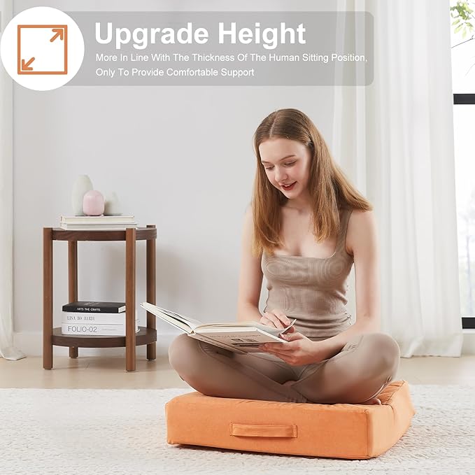 2 Pcs High Density Foam Floor Pillow - Upgraded Large Pillows Seating for Adults - Outdoor Floor Cushion with Soft Tufted Cover - Yoga Pillows for Sitting On Floor - 22 Inch Orange