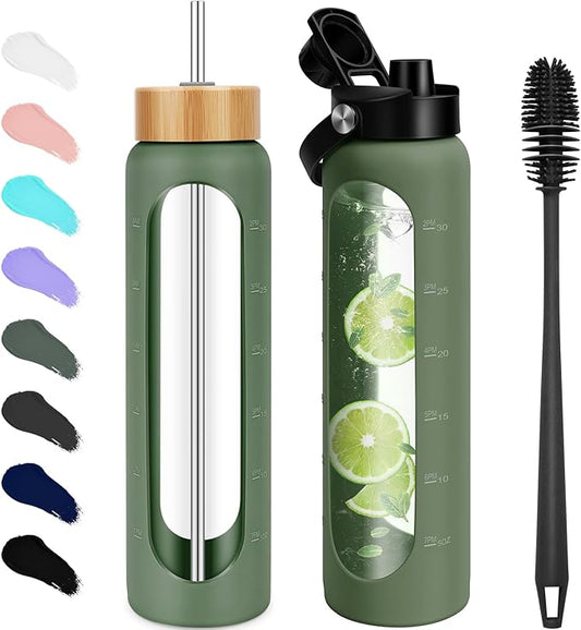 25 oz Glass Water Bottles - Motivational Tumbler Water Bottle Time Marker - Borosilicate Glass Water Bottle With Silicone Sleeve and 2 Lids, Handle Spout & Bamboo Straw Lid (Olive)