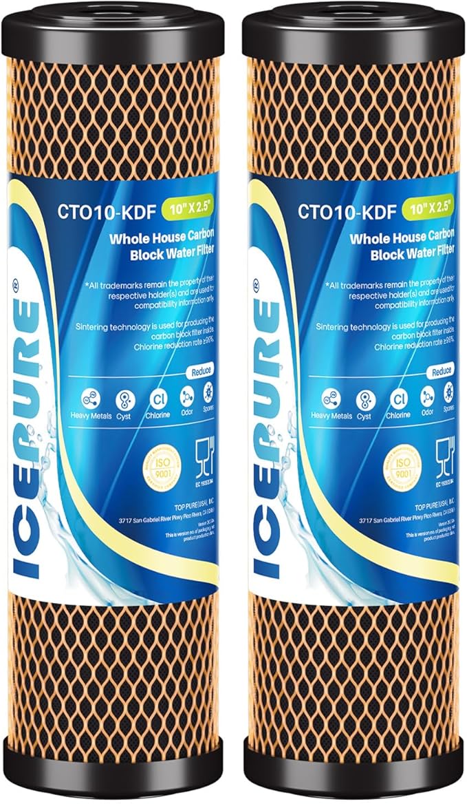 ICEPURE 1 Micron 2.5" x 10" Whole House Water Filter Coconut Shell Activated CTO Carbon and KDF Cartridge for Home, Compatible with WFPFC8002, WFPFC9001, FXWTC, SCWH-5, WHEF-WHWC, AMZN-SCWH-5, 2PACK