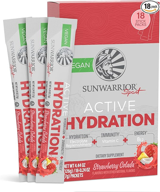 Sunwarrior Hydration Powder Electrolyte Packets Powder | Strawberry Colada Flavored | 18 Stick Packs 126g Pouch | Vegan and Plant-Based Sugar Free | B12 Elderberry and Electrolytes | Active Hydration