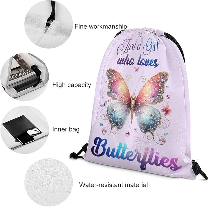Butterfly Drawstring Backpack - Cute Cinch Sack, String Backpacks for Kids Boys Girls Women Men for Gym Outdoor Sports Travel Athletic Drawstring Bag - Lightweight/Foldable