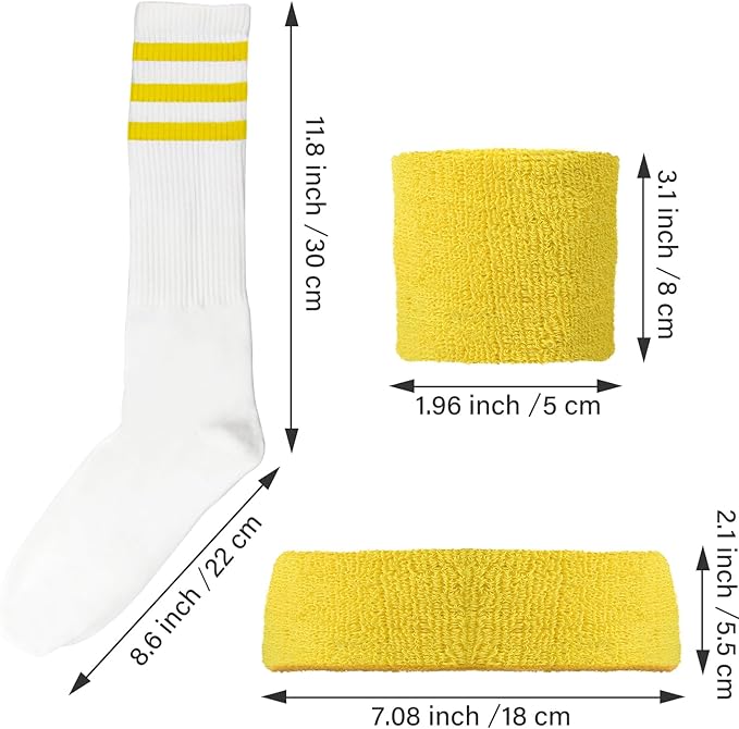 10 Pieces Striped Sweatbands and Striped Socks Set Headbands Wrist Sweat Bands for Men and Women Sports 80s 90s Fitness