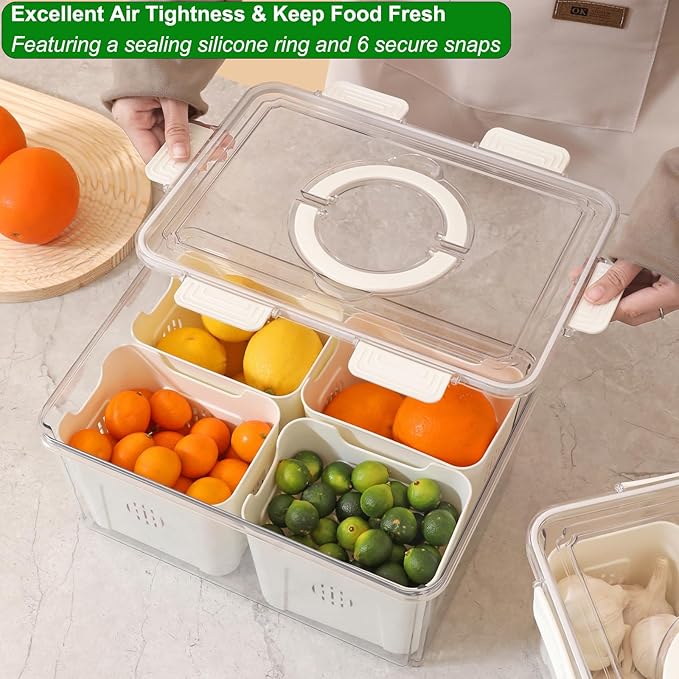 Taiuloo Airtight Fruit Storage Containers for Fridge with Lid & Handle, BPA-Free Snack Box Container with 4 Removable Colanders, Berry Vegetable Fresh Produce Saver, Clear Refrigerator Organizer Bins