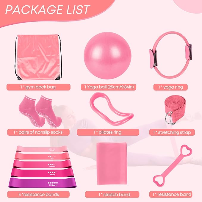 13 Pcs Pilates Essentials Kit for Women, Home Workout Equipment Set with 9.8” Ball, Magic Circle, Accessories, Perfect for Beginners to Toning & Fitness, Pink