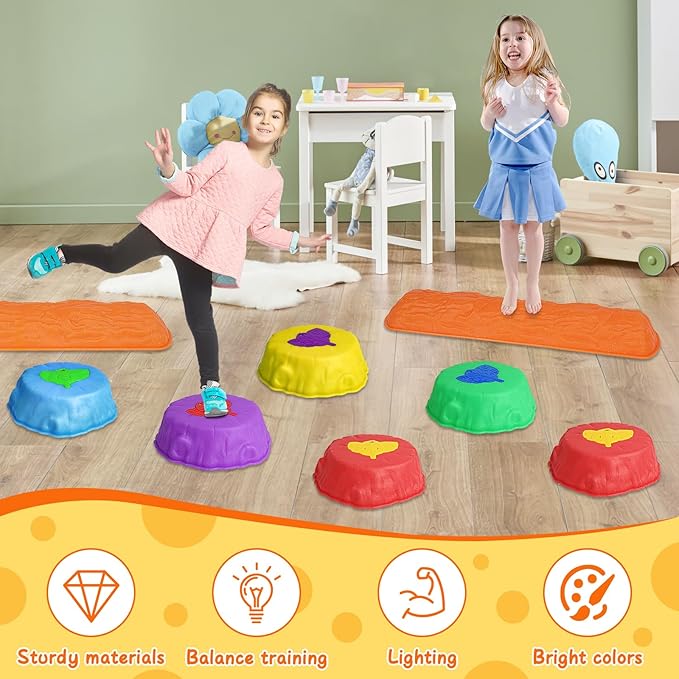 deAO Balance Stepping Stones for Kids,8 Pcs Non-Slip Toddler Balance Stepping Stones,Coordination Skills Game Toys Obstacle Courses Sensory Toys for Toddlers 3+ Outdoor Indoor Play