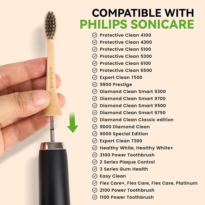 Bamboo Toothbrush Heads Compatible with Philips Sonicare, Soft Charcoal Infused Bristles, Whitening & Deep Cleaning