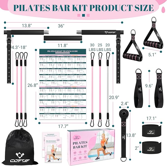 Pilates Bar Kit with Resistance Bands, Multifunctional Yoga Pilates Bar with Heavy-Duty Metal Adjustment Buckle, Portable Home Gym Pilates Resistance Bar Kit for Women Full Body Workouts