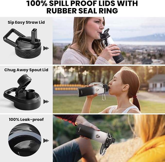 Insulated Water Bottle 20 oz, Triple Wall Vacuum Stainless Steel (Cold for 48 Hrs), Leak Proof & Non-BPA, Kids Water Bottle Jug for School with Straw Spout Lids, Ombre: White/Black