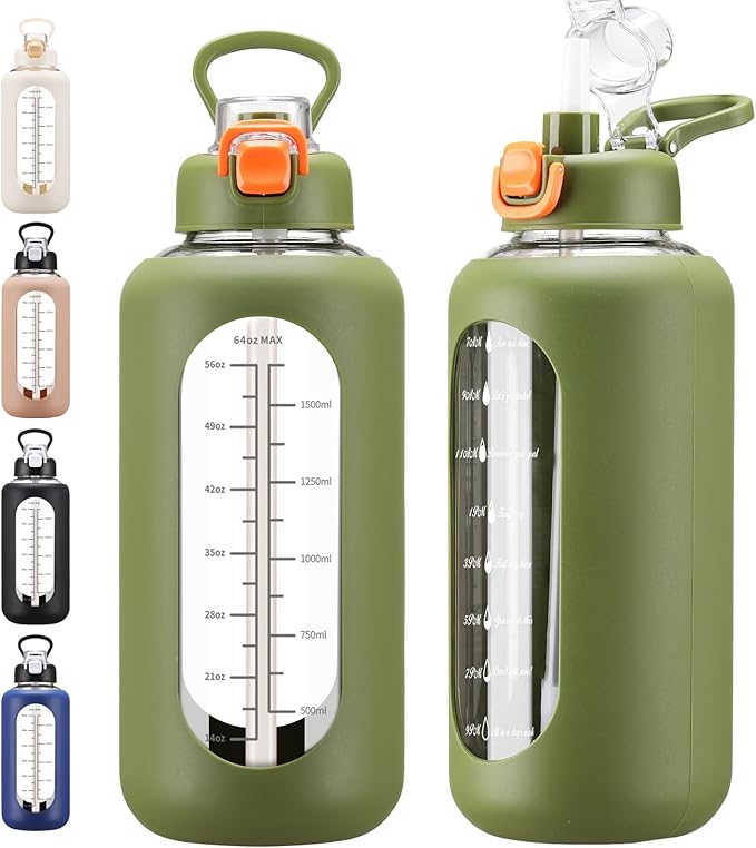 64 oz Glass Water Bolttles with Straw Half Gallon Large Motivational Water Bottle with Time Marker Sports Water Bottles with Silicone Sleeve and Handle Lid Water Jug for Gym Workout