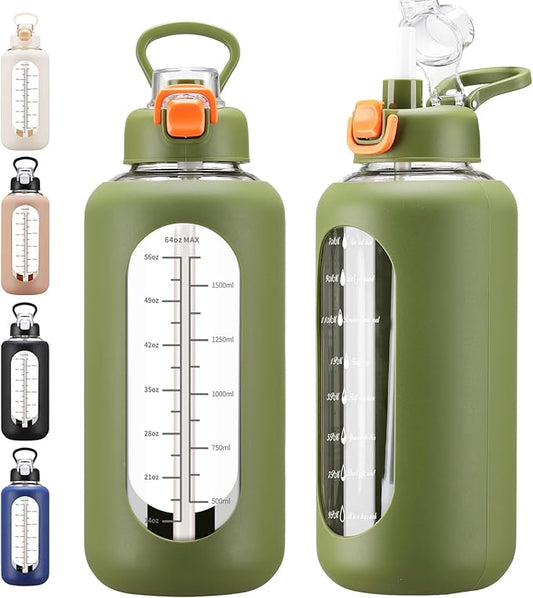 64 oz Glass Water Bolttles with Straw Half Gallon Large Motivational Water Bottle with Time Marker Sports Water Bottles with Silicone Sleeve and Handle Lid Water Jug for Gym Workout