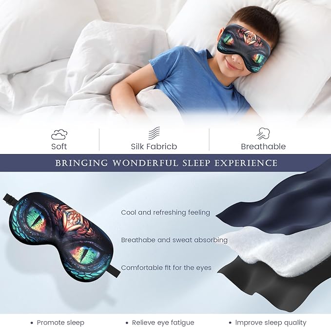 2 Pcs Sleep Mask for Kids Boys, Silk Eye Covers for Sleeping, Adjustable Strap & Light Blocking Design, Adult Children's Bedtime Blindfold for Travel and Home Use (Red Dinosaur Eyes)