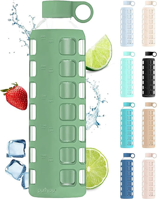 purifyou 40oz / 32oz / 22oz / 12oz Borosilicate Glass Water Bottle with Time & Volume Markers, Silicone Sleeve, Stainless Steel Lid | Reusable Glass Bottle for Water & Juice (32oz Shale Green)