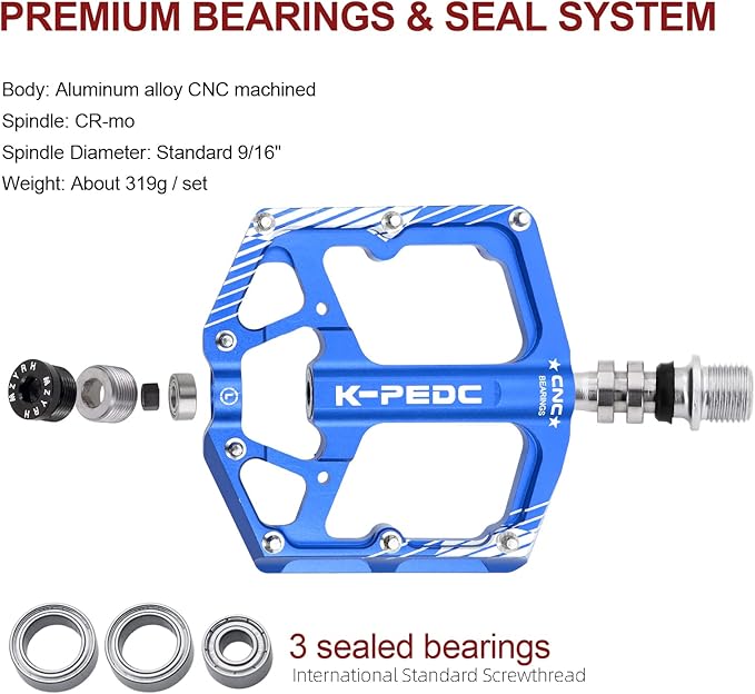 Bike Pedal Aluminum Alloy 9/16" Bike Pedal MTB Wide Platform Flat Non-Slip Bicycle Pedals with 3 Bearings for Mountain Bikes, Road, BMX